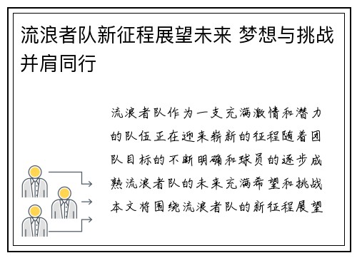 流浪者队新征程展望未来 梦想与挑战并肩同行 流浪者队新征程展望未来 梦想与挑战并肩同行